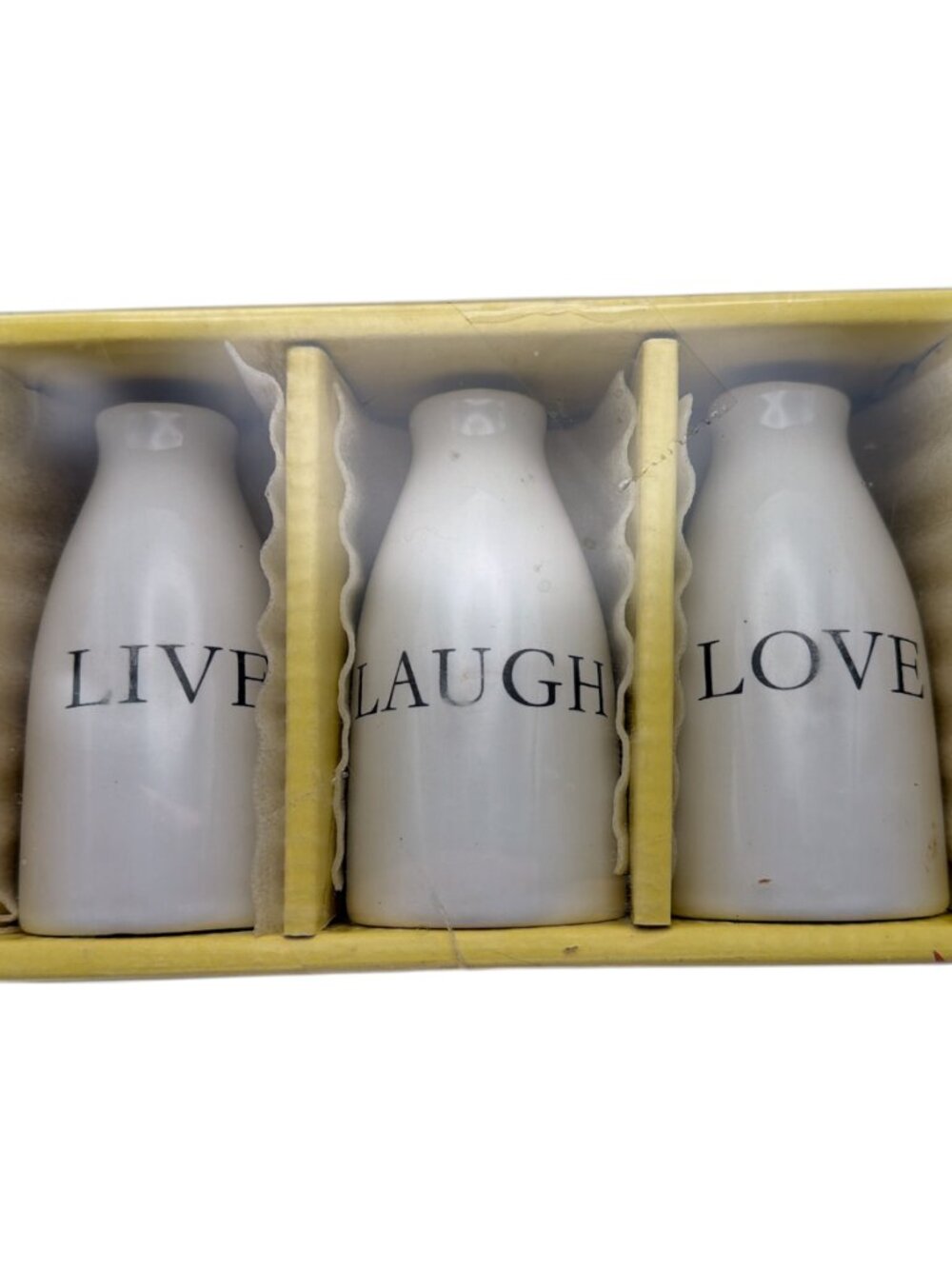 White Flower Bud Vases Live Laugh Love 3.5” Tall NEW in Box